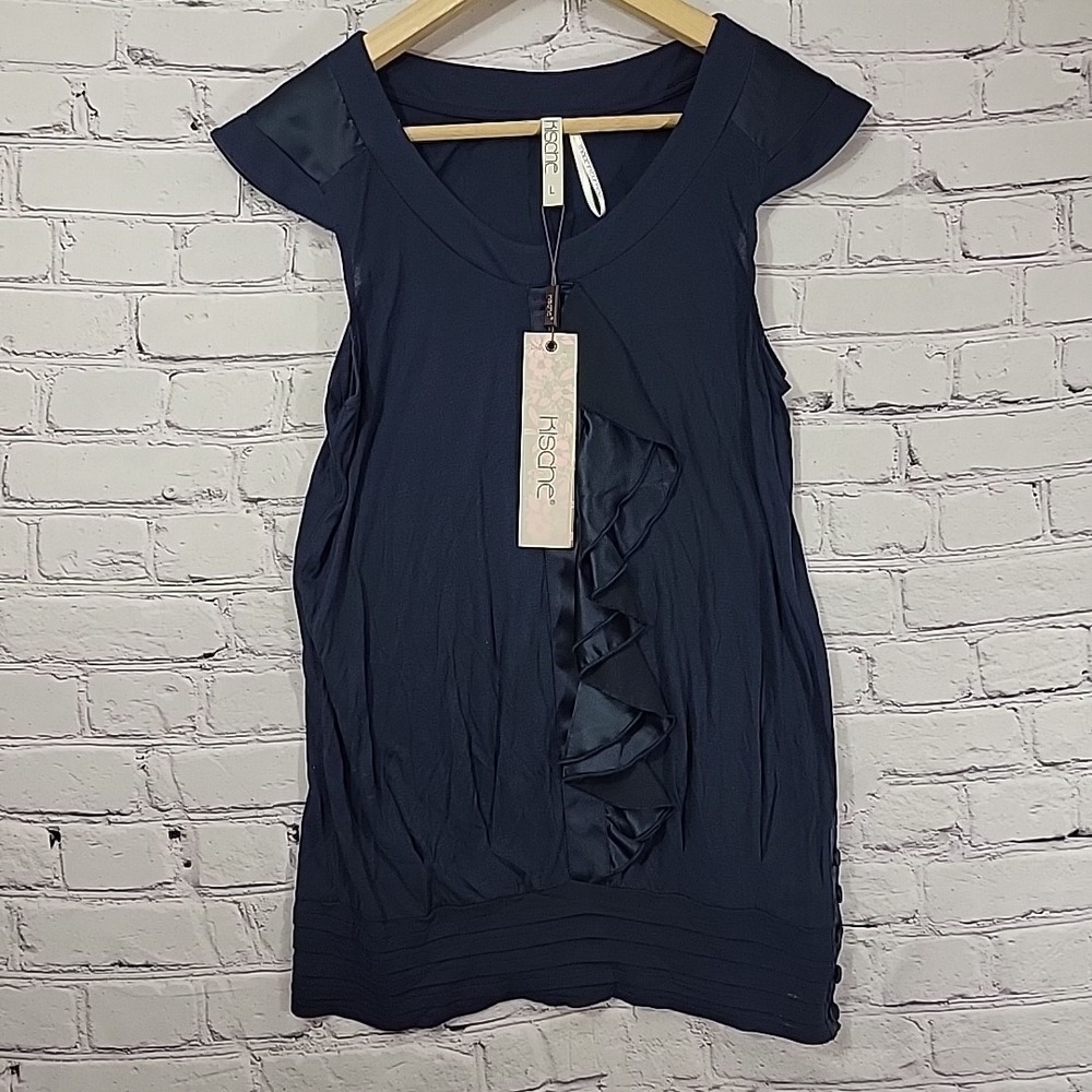 Kische Blouse Womens L Navy Blue Cap Sleeve Ruffle‎ Top New NWT
